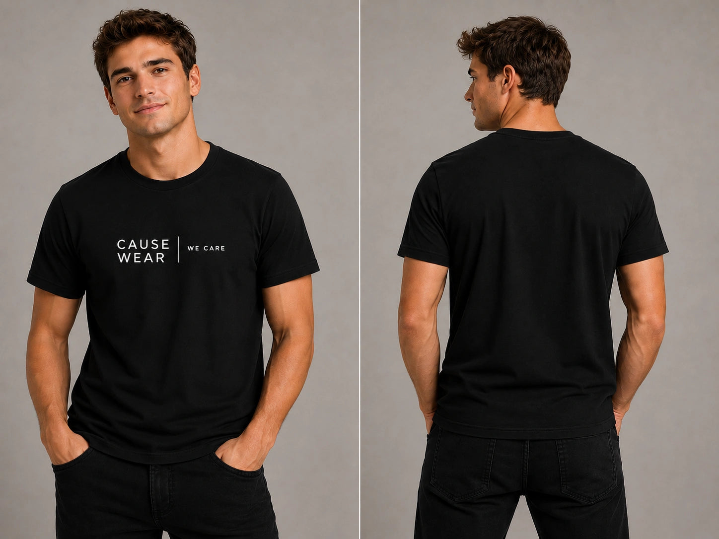 Black short-sleeve T-shirt with centered CAUSE WEAR logo print, crew neck