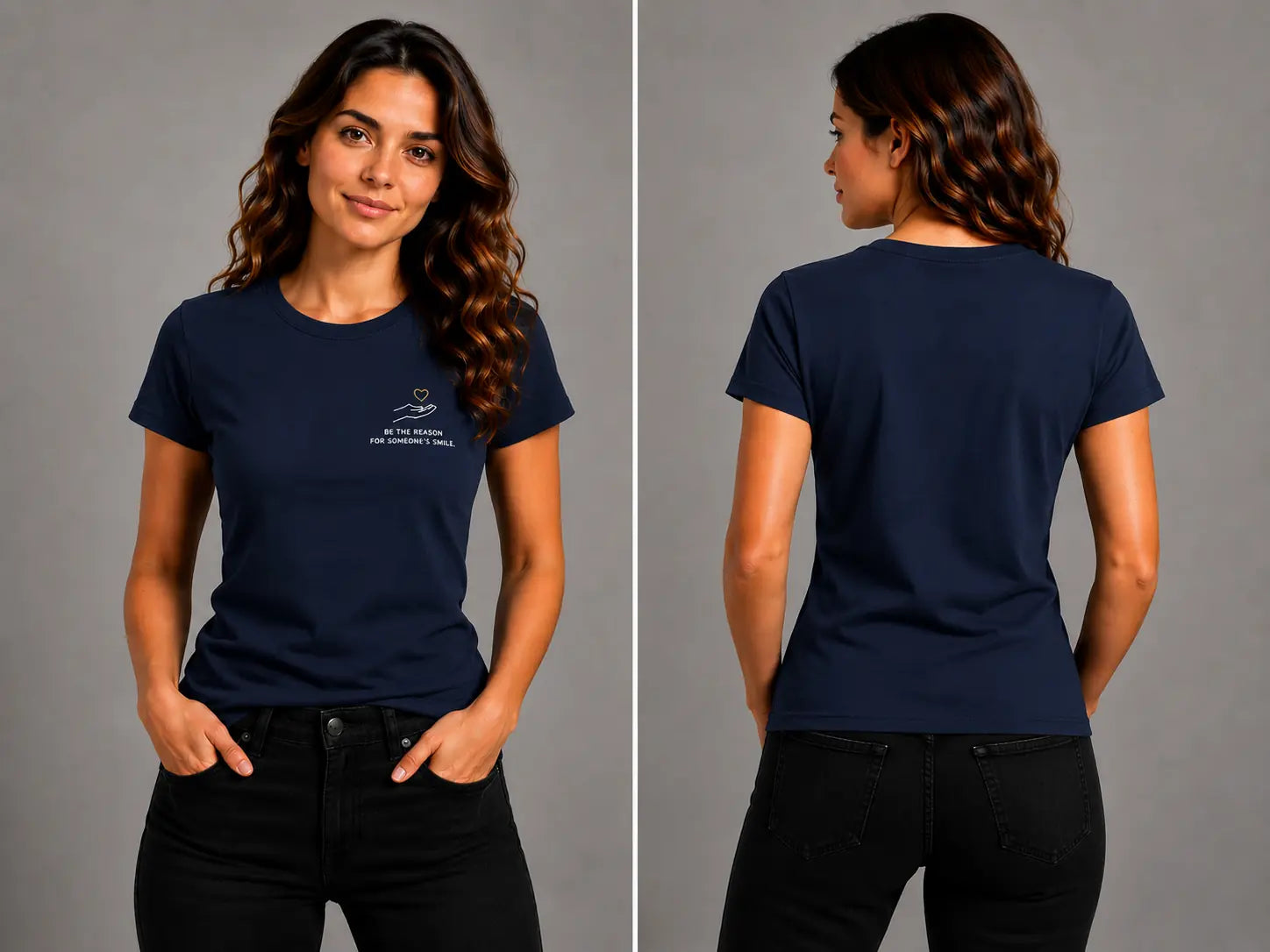 Navy crew-neck short-sleeve T-shirt set, front and back views