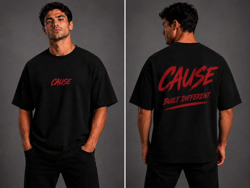 Black crewneck T-shirt with large red 'CAUSE' and 'BUILT DIFFERENT' back print