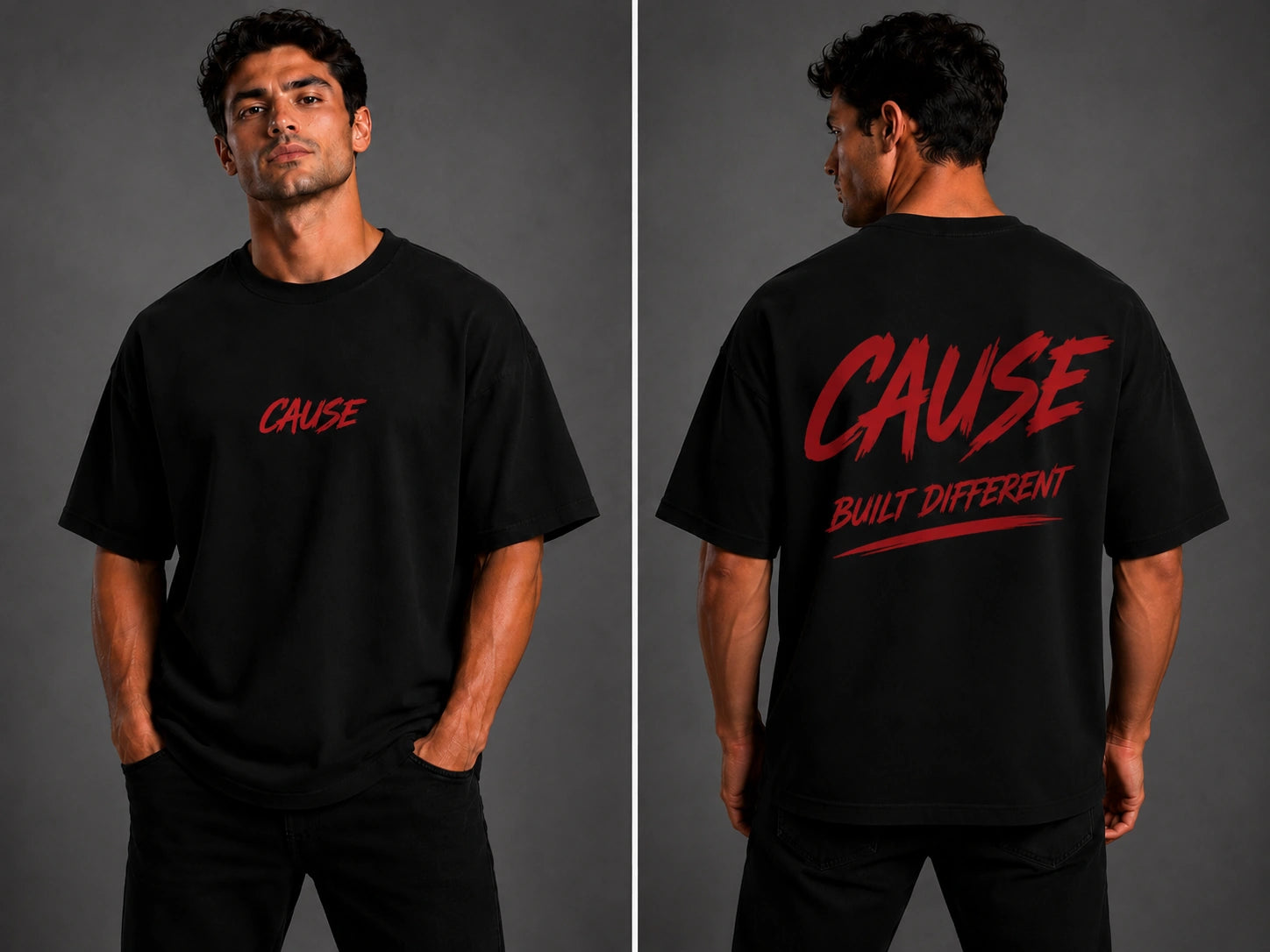 Black crewneck T-shirt with large red 'CAUSE' and 'BUILT DIFFERENT' back print