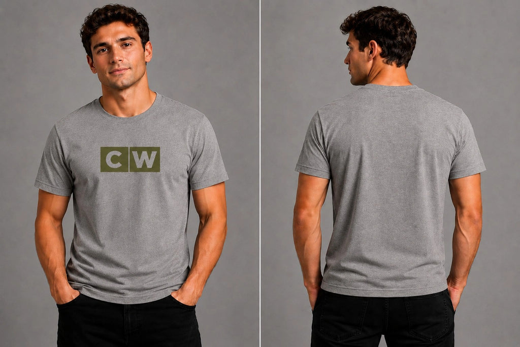 Gray crewneck T-shirt with square CW logo on chest, short sleeves.
