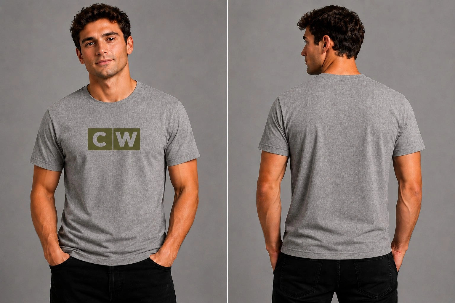 Gray crewneck T-shirt with square CW logo on chest, short sleeves.