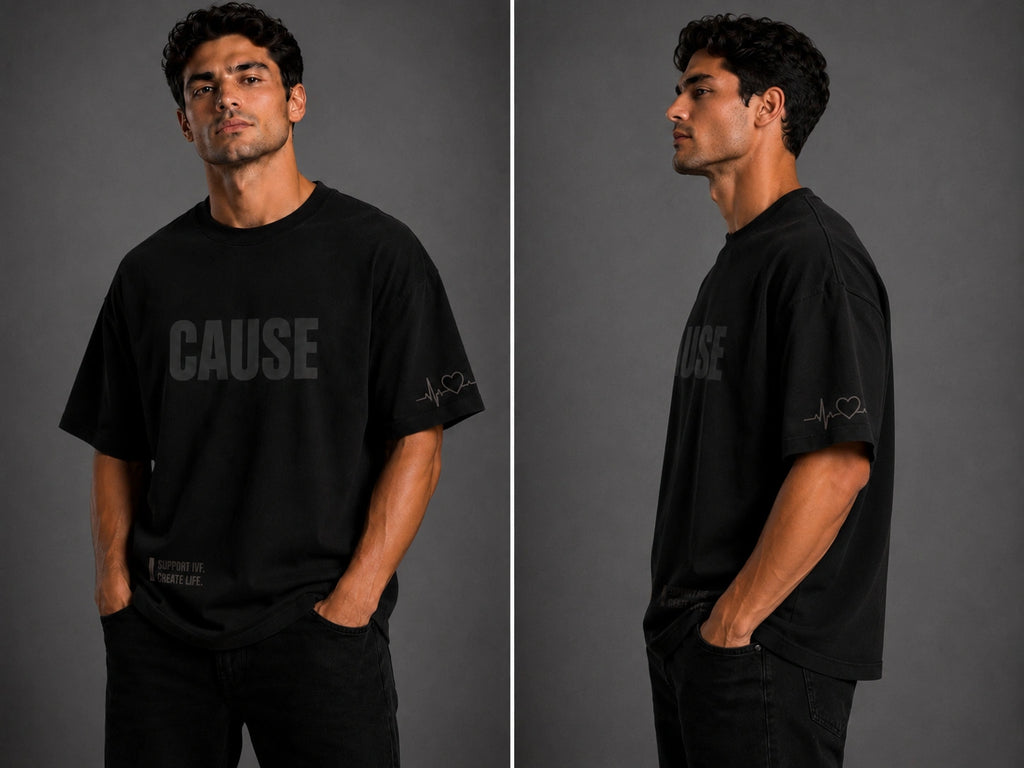 Black oversized T-shirt with large CAUSE front graphic, crew neck, short sleeves
