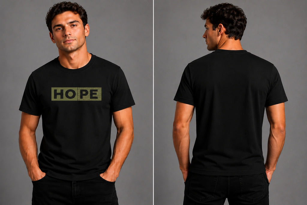 Men's black T-shirt front and back views, HOPE logo on chest, crew neck