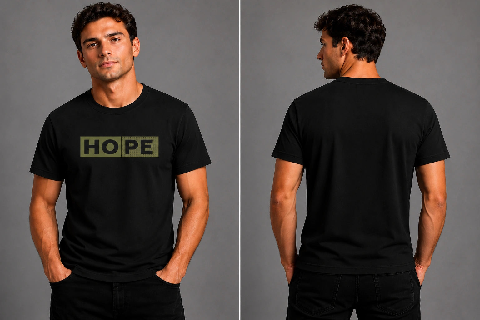Men's black T-shirt front and back views, HOPE logo on chest, crew neck