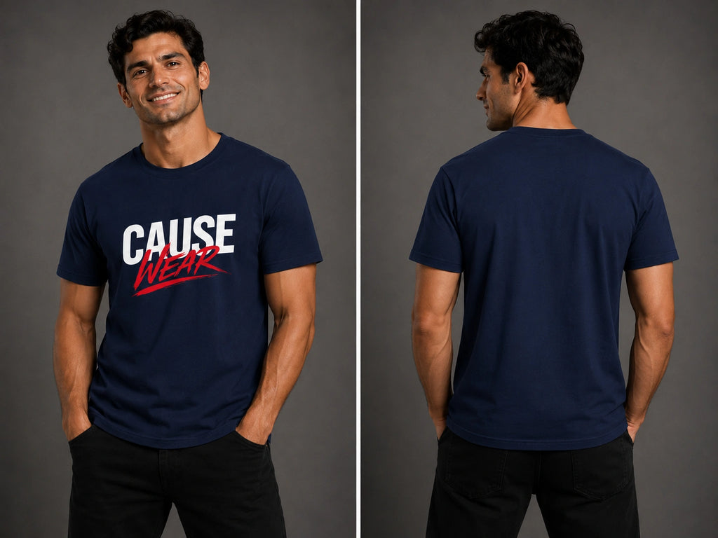 Navy crew-neck T-shirt with front Cause Wear logo and plain back