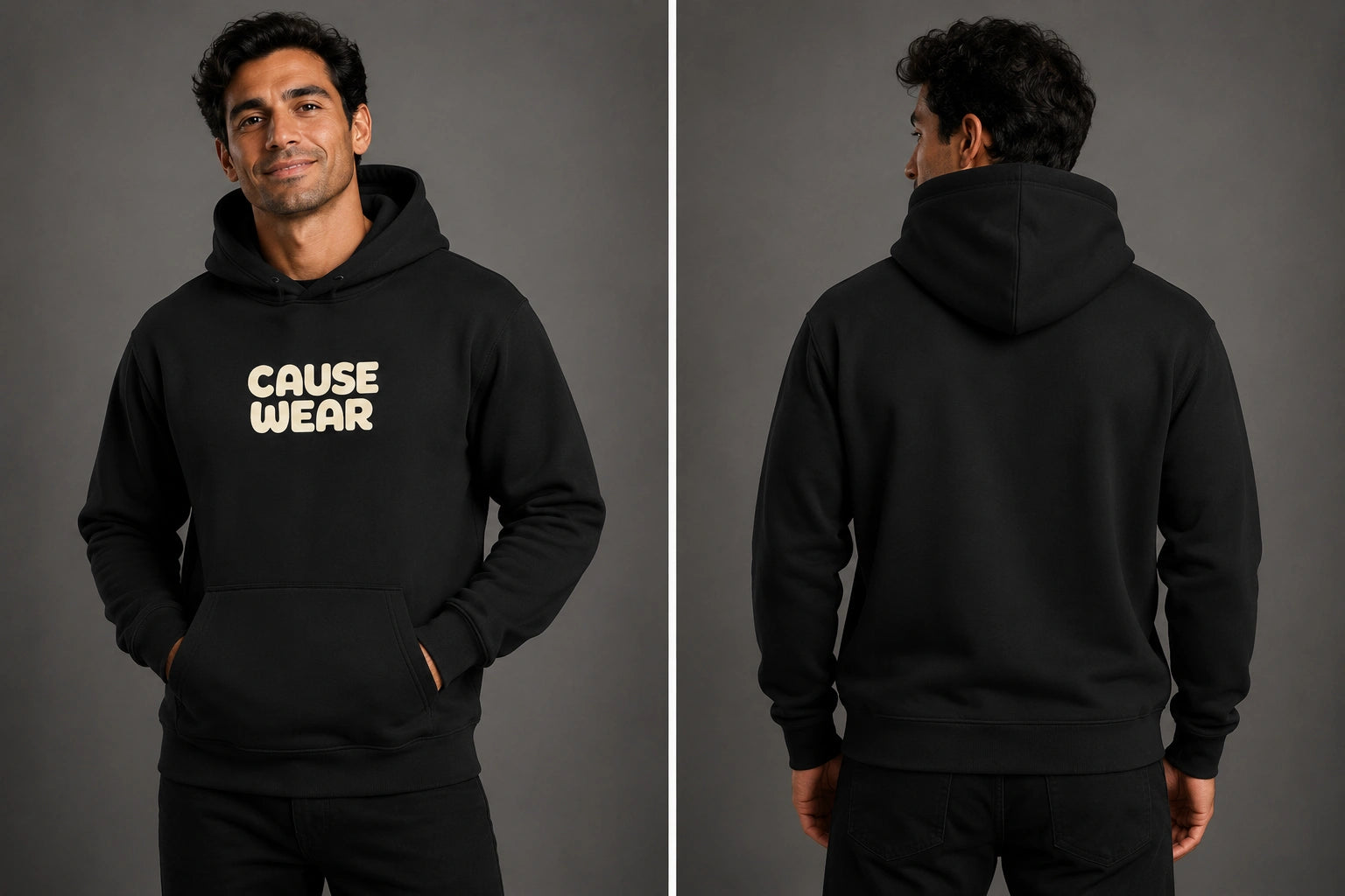 Black core hoodie back view with hood and ribbed cuffs; front graphic not visible.
