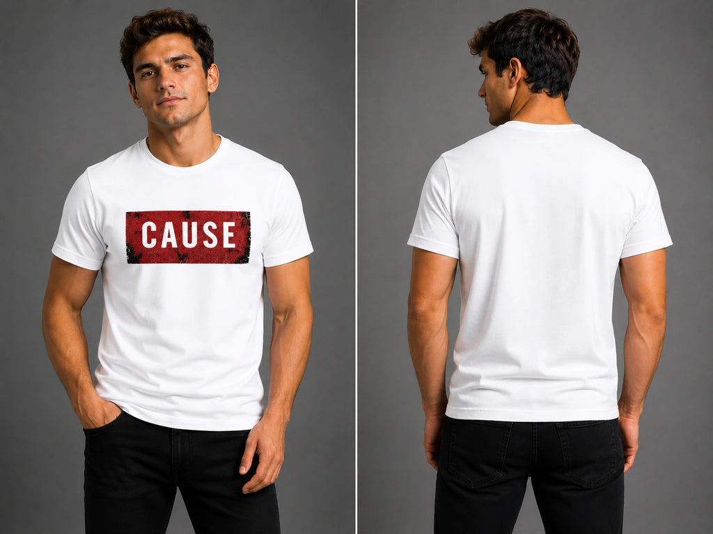 Men's white crew-neck T-shirt with red rectangular logo on front, plain back
