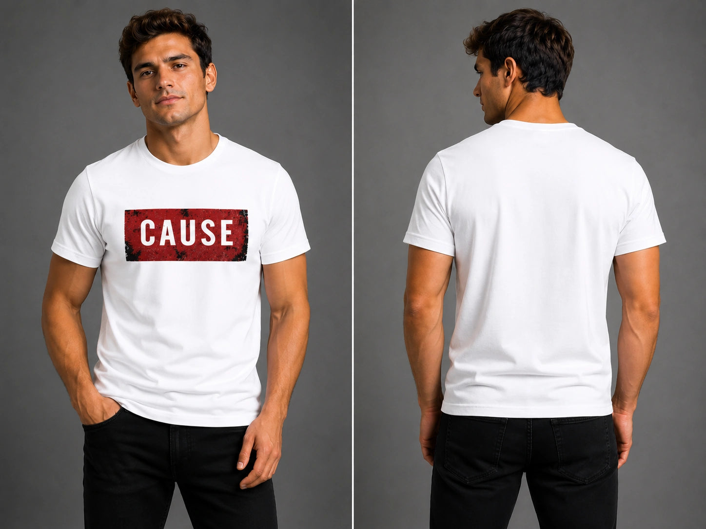 Men's white crew-neck T-shirt with red rectangular logo on front, plain back
