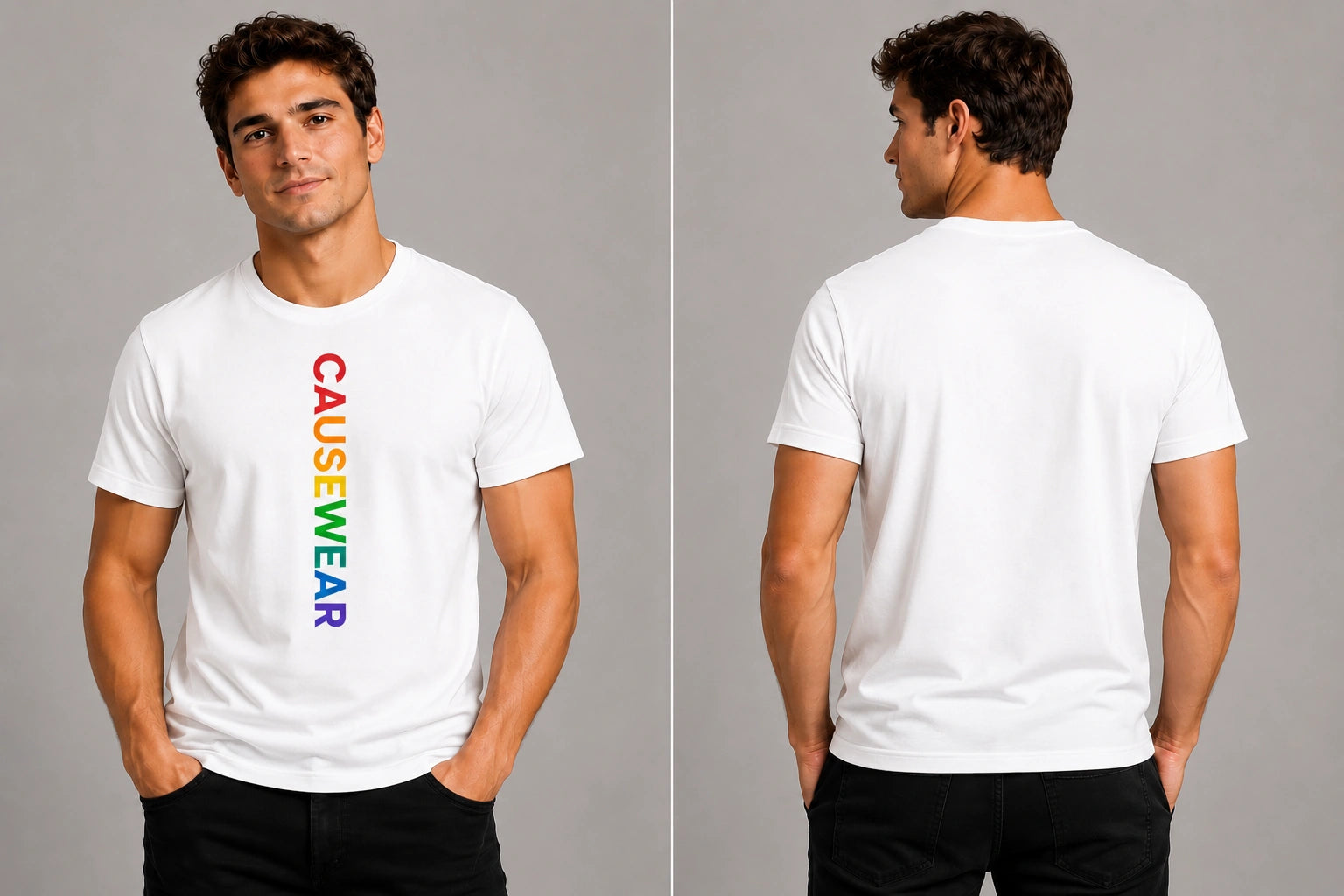 Men's white graphic T-shirt, front and back views with CAUSEWEAR text