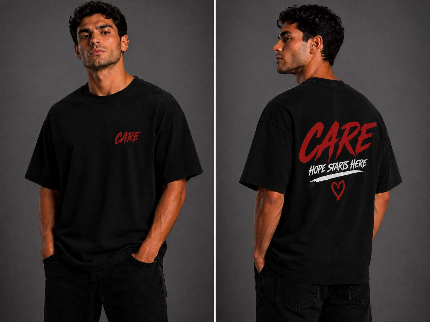 Black T-shirt with red 'CARE' and 'HOPE STARTS HERE' text and heart on back