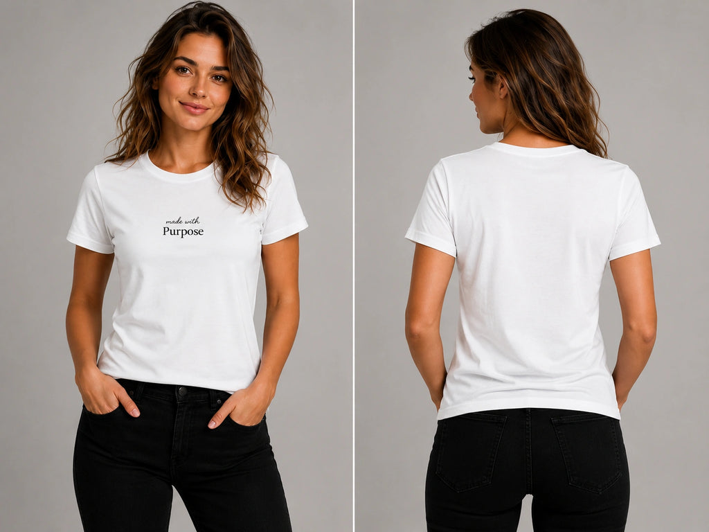 White crew-neck t-shirt front and back views with Purpose chest logo
