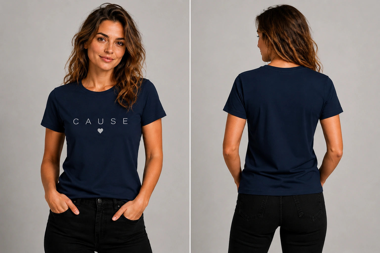 Navy crewneck T-shirt with CAUSE text and small heart graphic on the chest