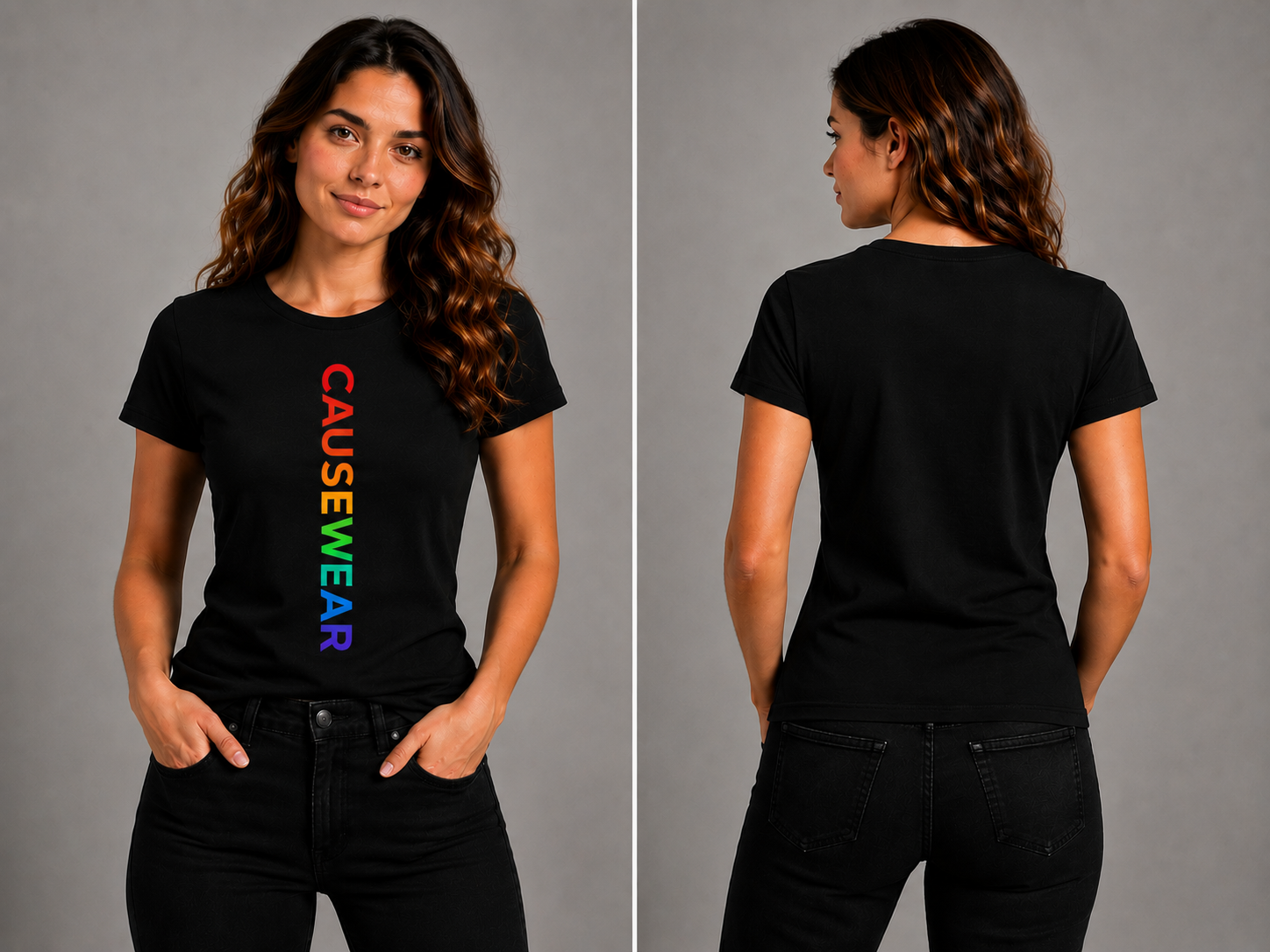 Black women’s crew-neck t-shirt with rainbow vertical "CAUSEWEAR" text; back view plain.
