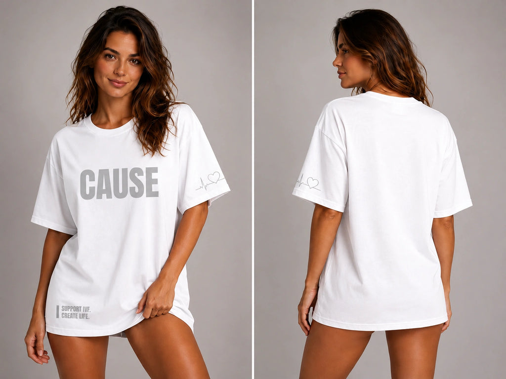 White oversized T-shirt with CAUSE front graphic; plain back, crew neck, short sleeves