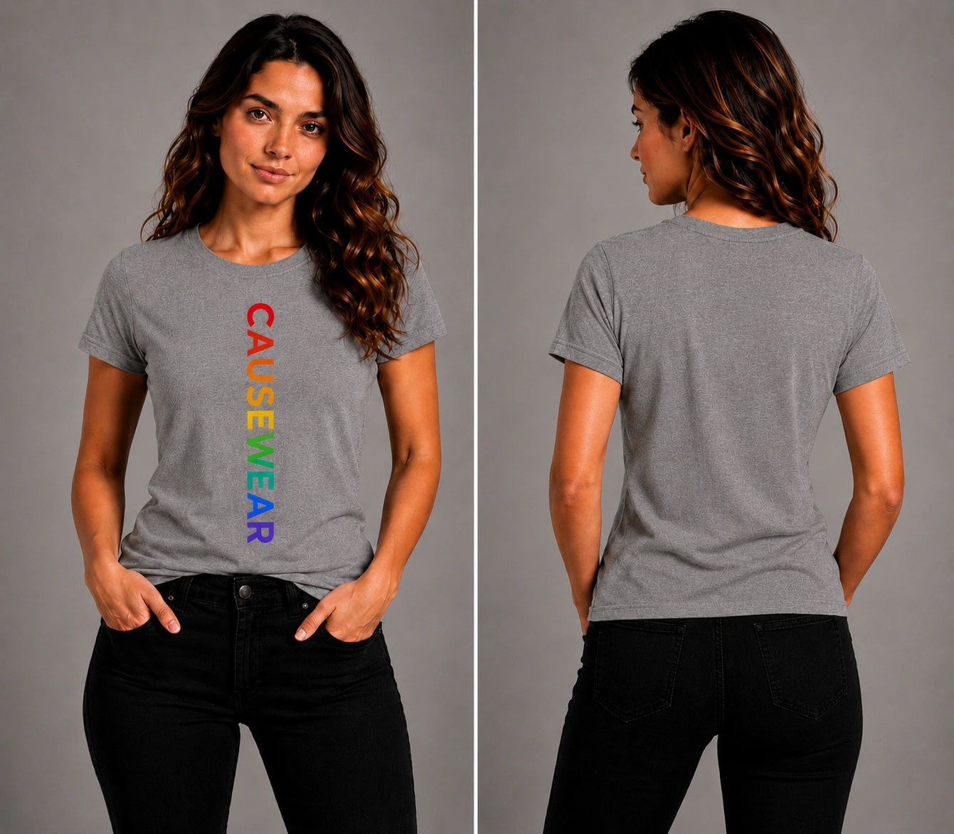 Gray women’s crew-neck t-shirt with rainbow vertical "CAUSEWEAR" text; back view plain.