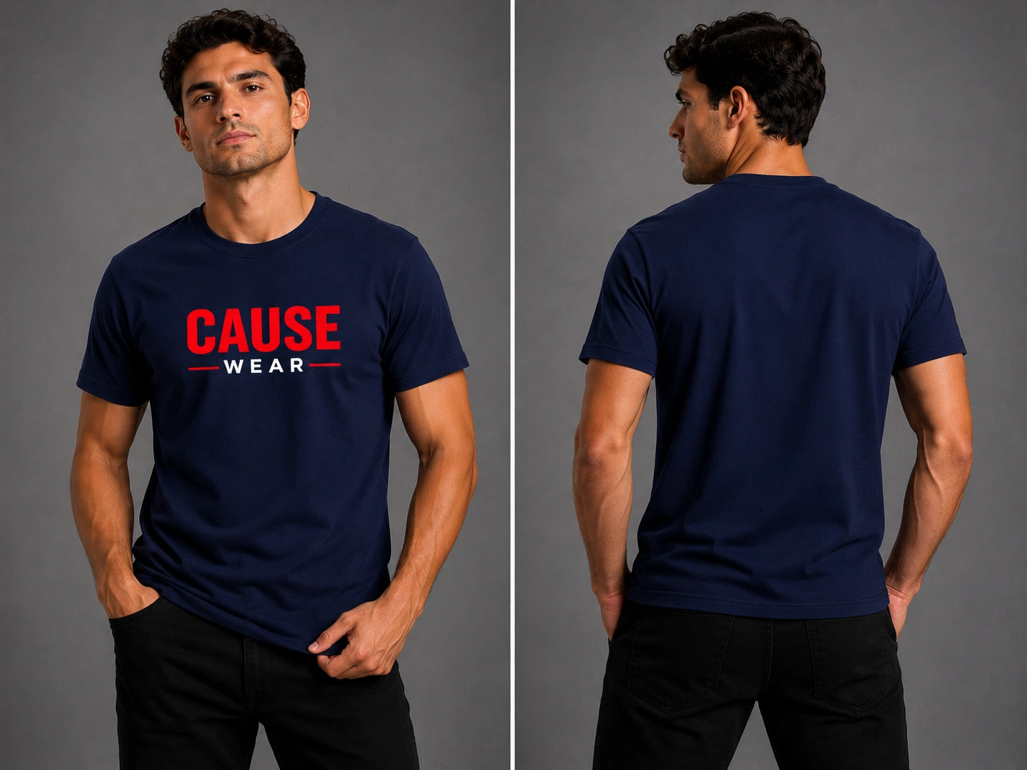 CAUSE -wear- men's T-shirt, navy crew neck, short sleeves, front logo