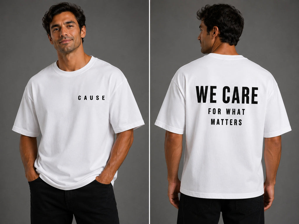 White graphic T-shirt with 'CAUSE' text on chest, short sleeves