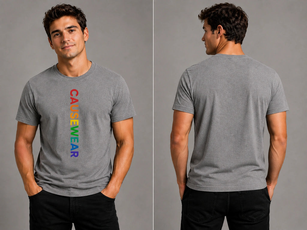 Men's gray graphic T-shirt, front and back views with CAUSEWEAR text