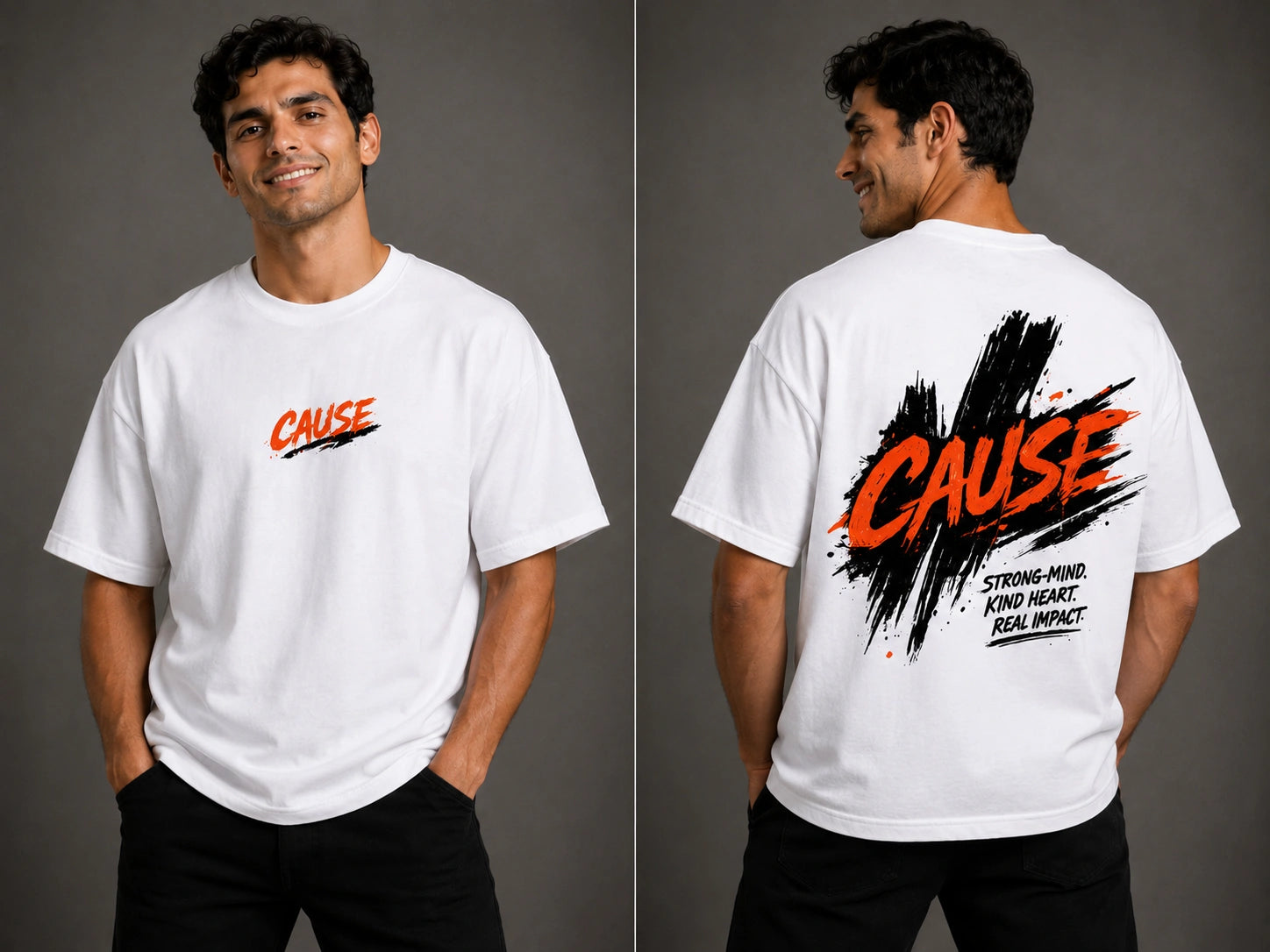 White heavy cotton oversized T-shirt, CAUSE front logo and back splatter text
