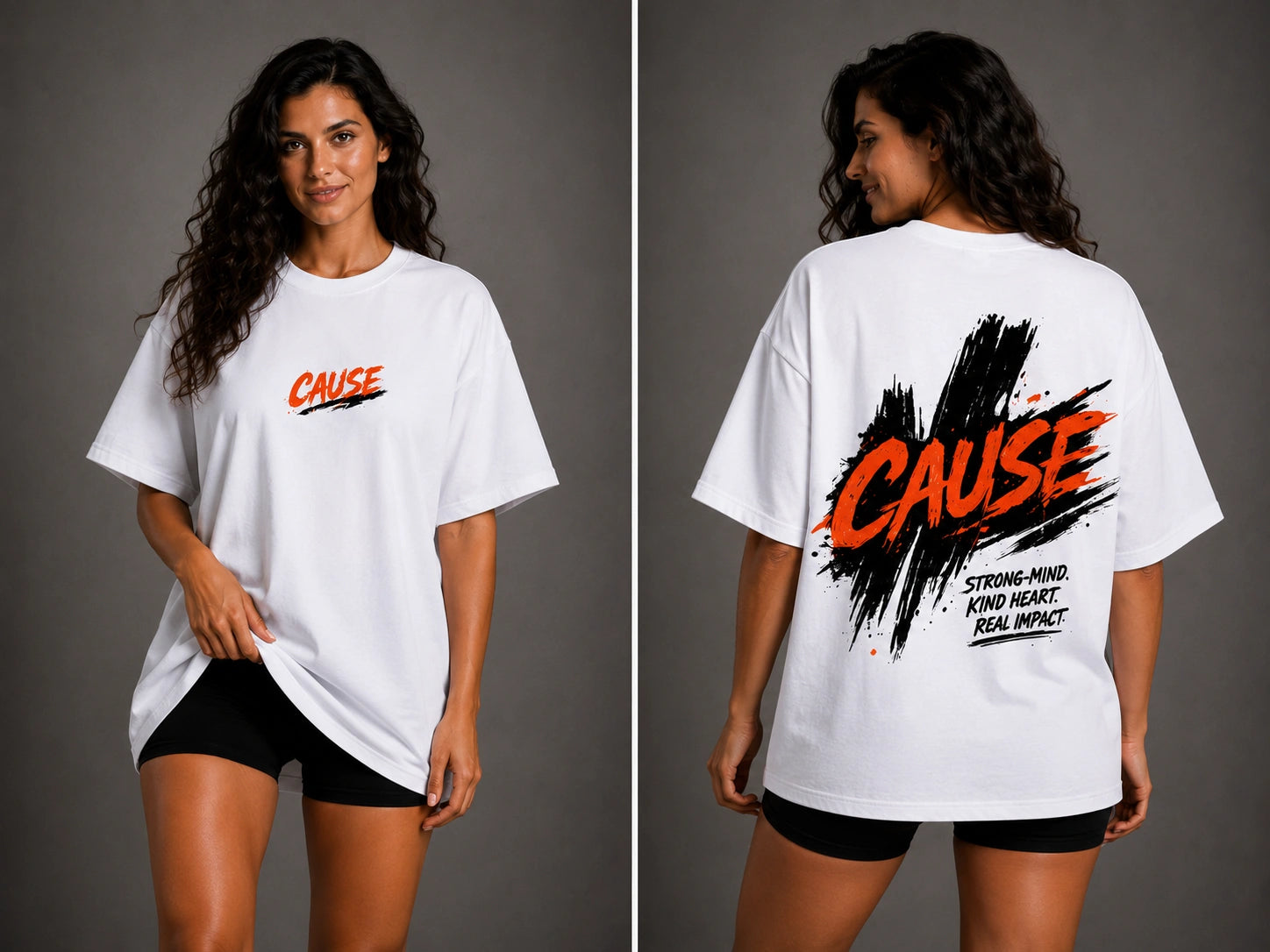 White heavy cotton oversized T-shirt with CAUSE logo front and large back print