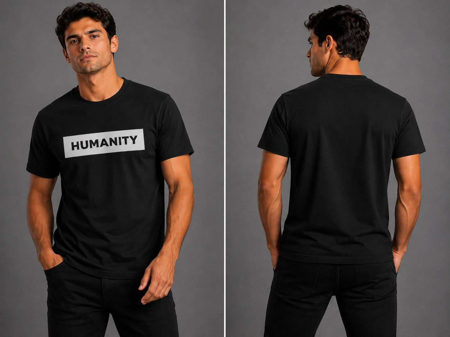 Black men's crew-neck T-shirt with 'HUMANITY' chest logo, front and back
