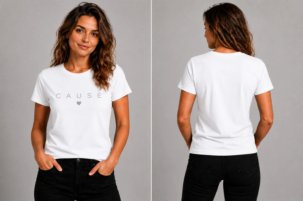 White crewneck T-shirt with CAUSE text and small heart graphic on the chest