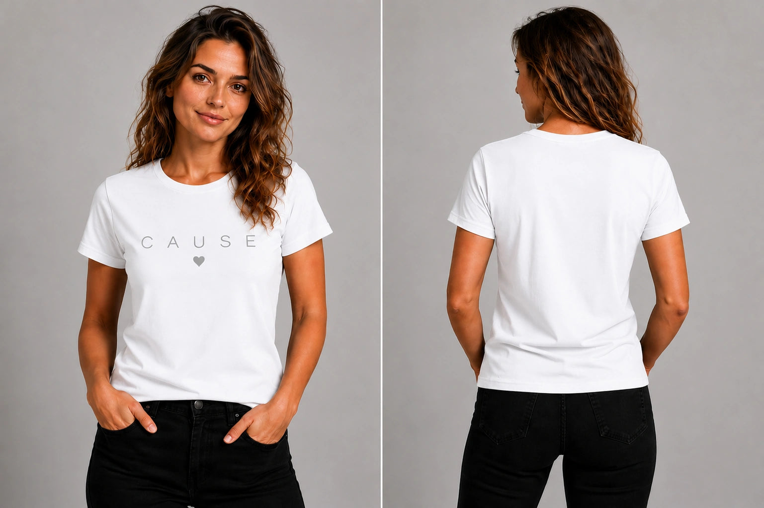 White crewneck T-shirt with CAUSE text and small heart graphic on the chest