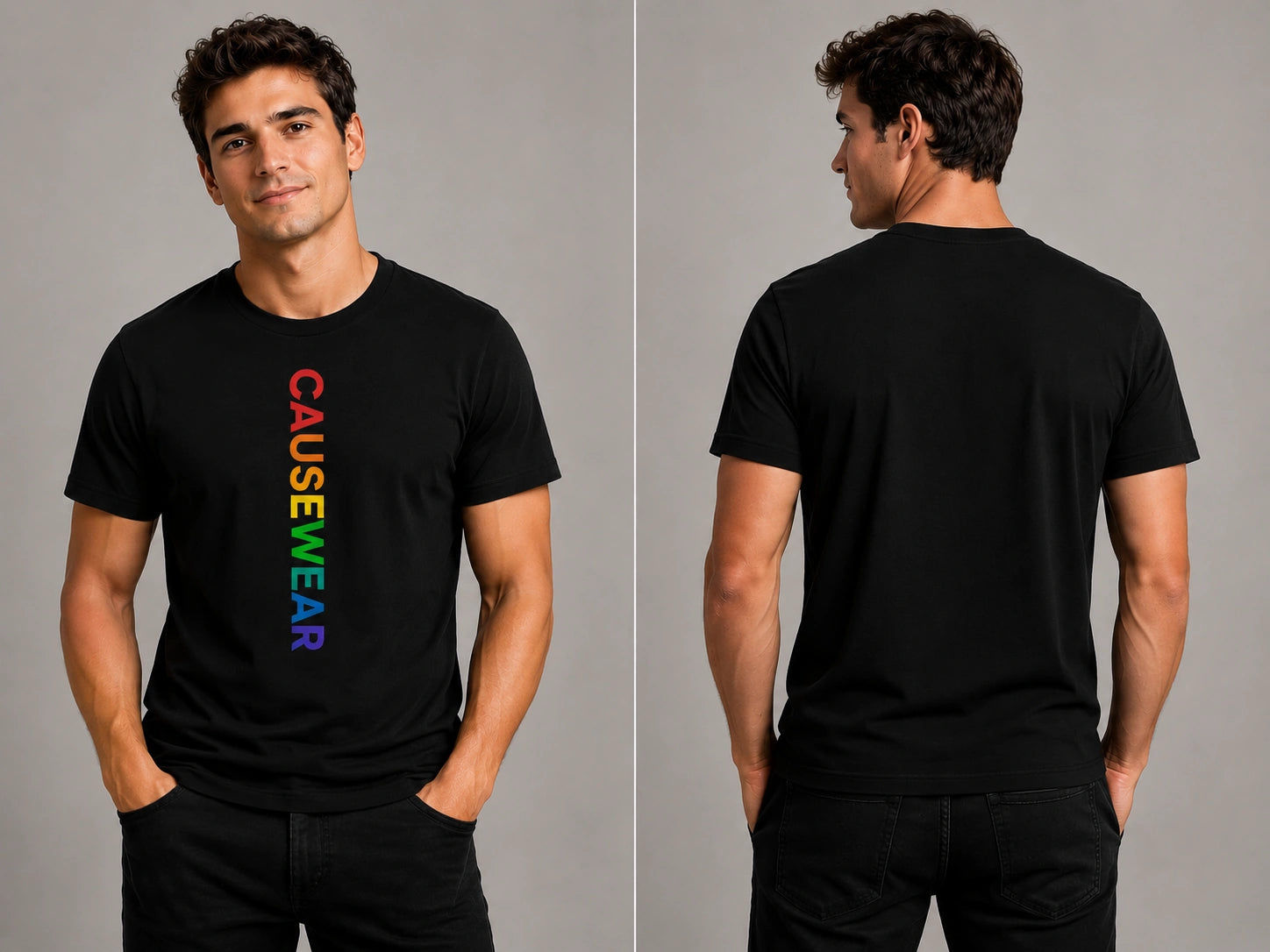 Men's black graphic T-shirt, front and back views with CAUSEWEAR text