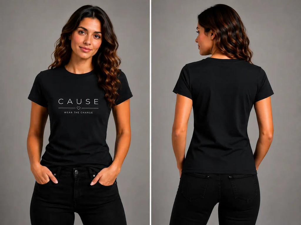Black short-sleeve graphic T-shirt, front and back views with CAUSE logo