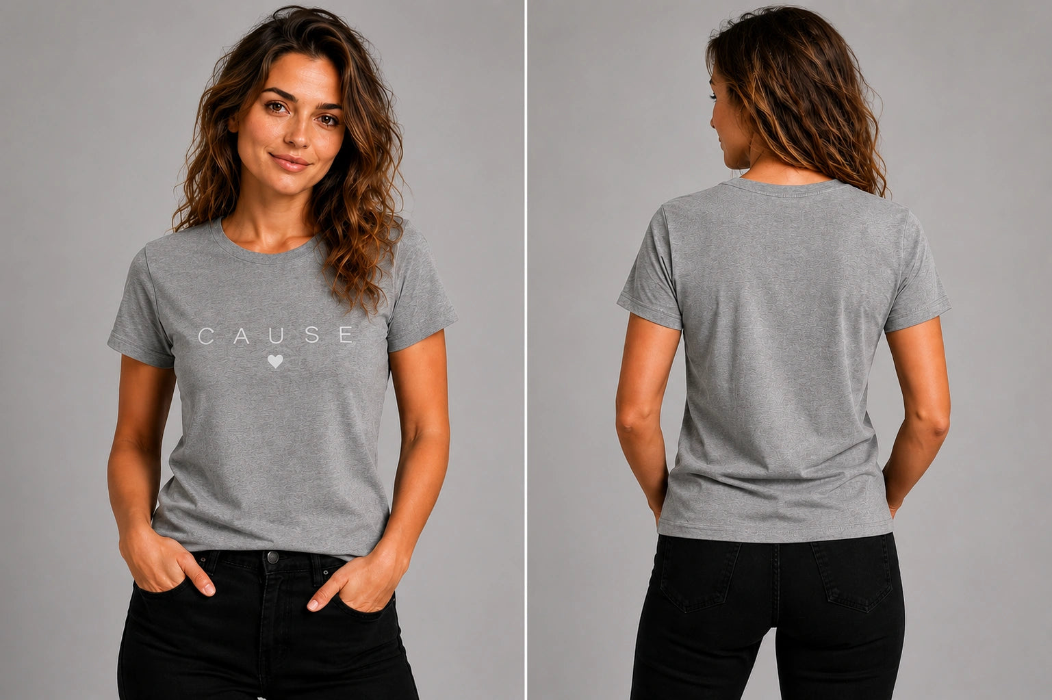 Gray crewneck T-shirt with CAUSE text and small heart graphic on the chest