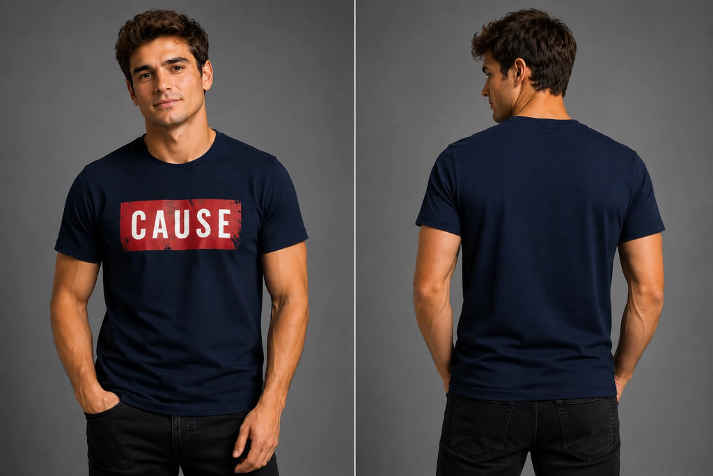 Men's navy crew-neck T-shirt with red rectangular logo on front, plain back
