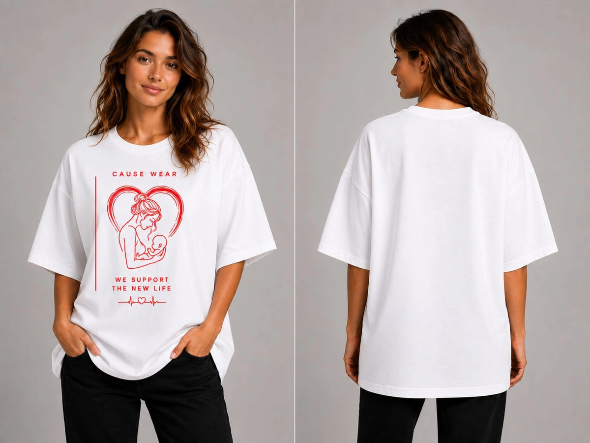 White unisex crew-neck T-shirt with red heart-line graphic and short sleeves