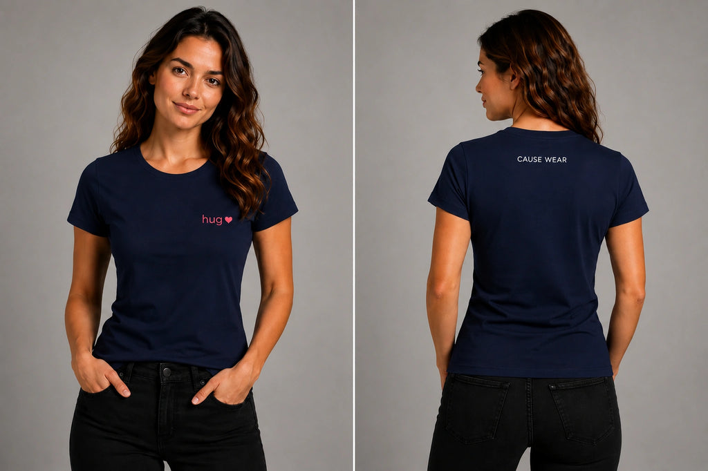Navy crewneck T-shirt with small red chest logo