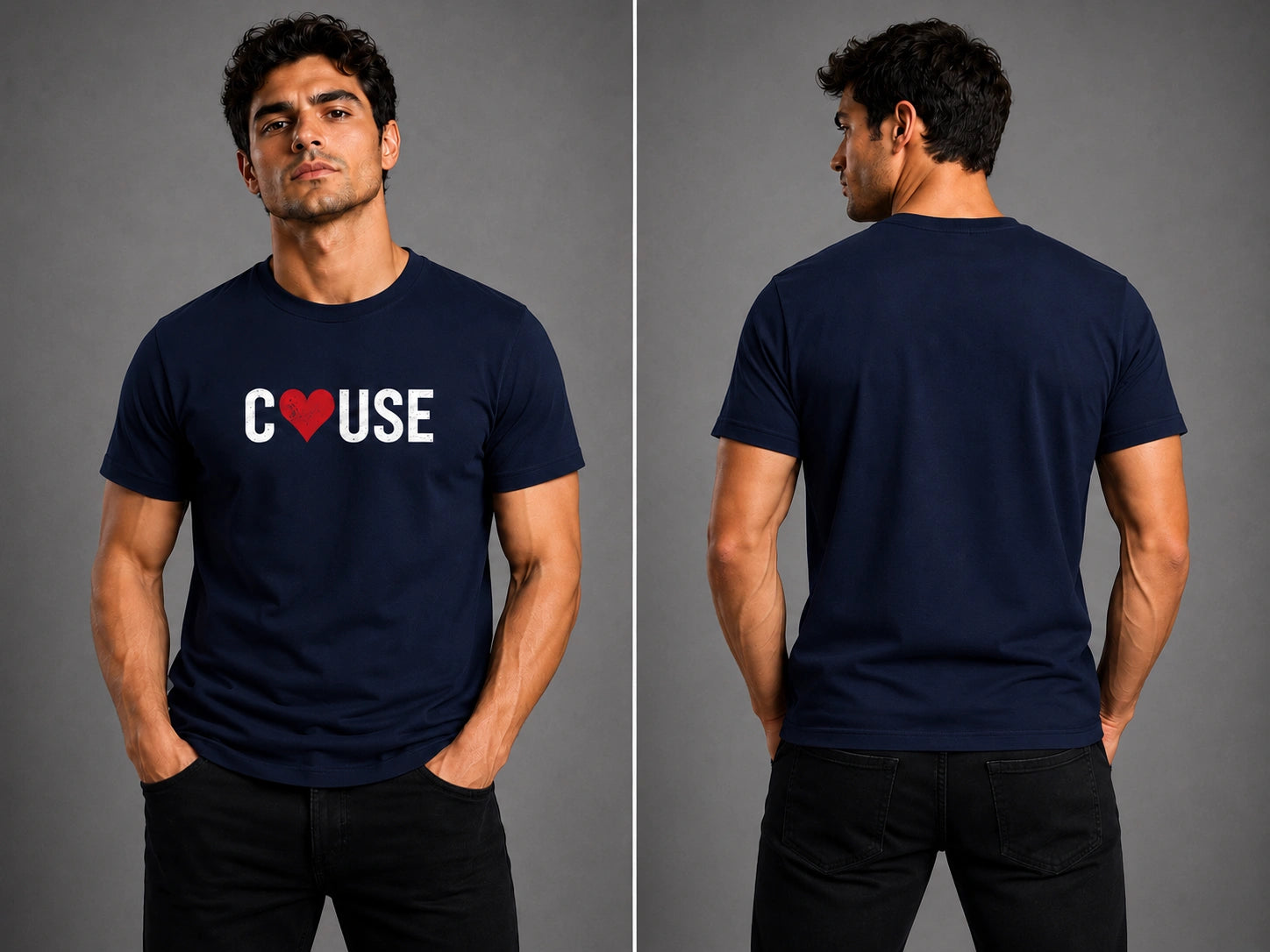 Navy crewneck graphic T-shirt with short sleeves and red heart logo