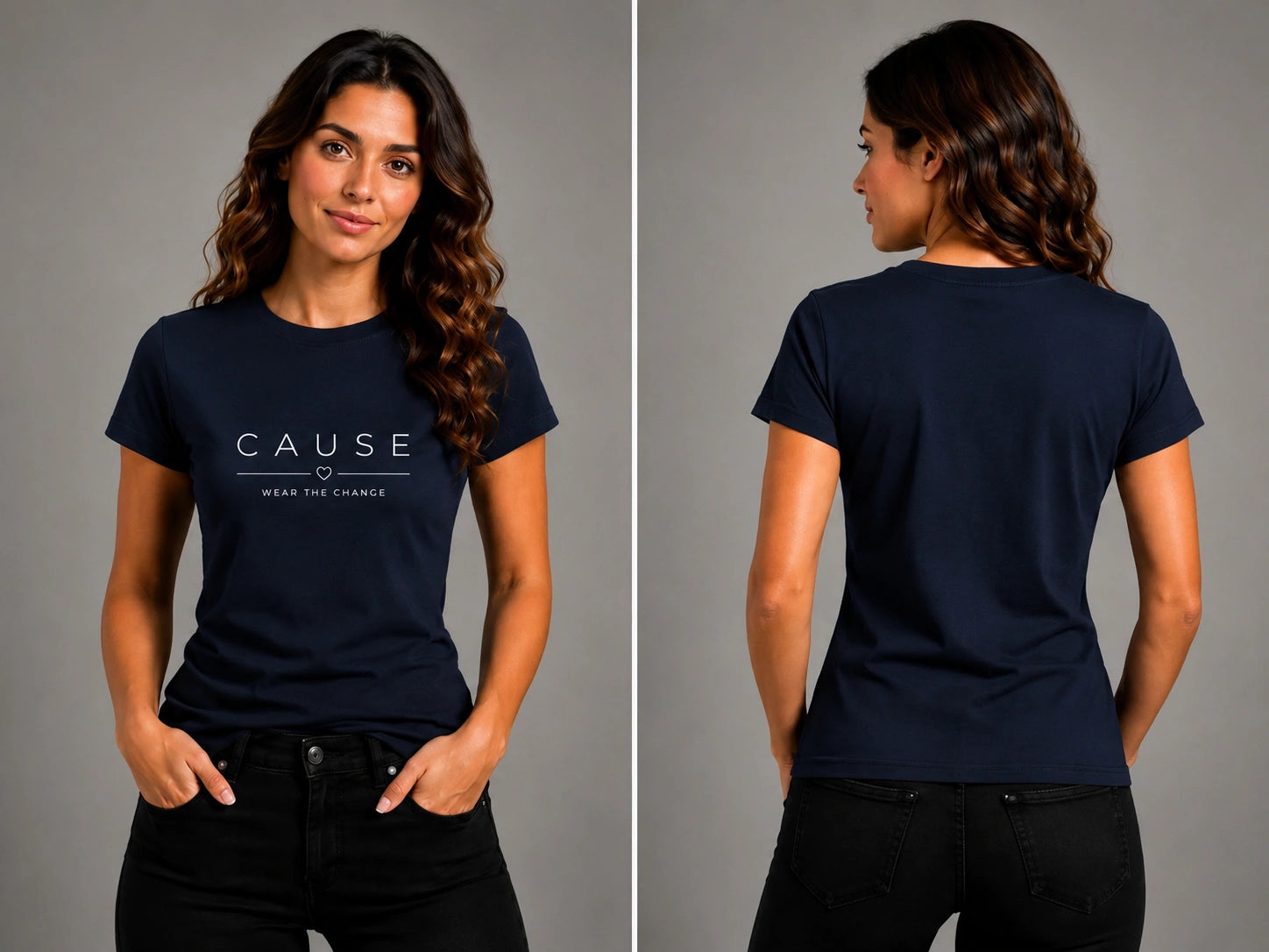 Navy short-sleeve graphic T-shirt, front and back views with CAUSE logo