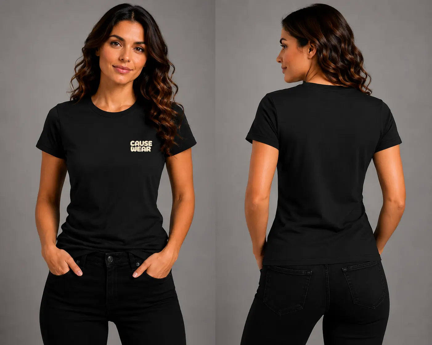 Black crewneck logo T-shirt, short sleeves; front and back show Cause Wear logo