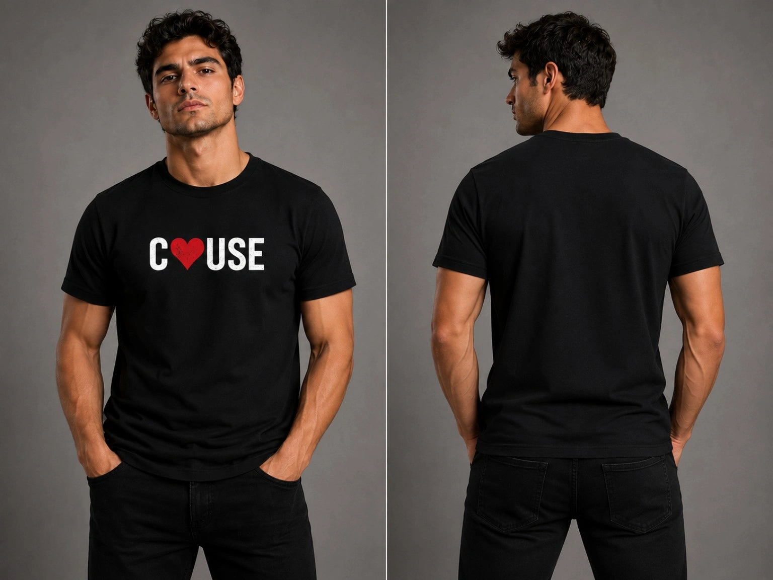 Black crewneck graphic T-shirt with short sleeves and red heart logo on chest