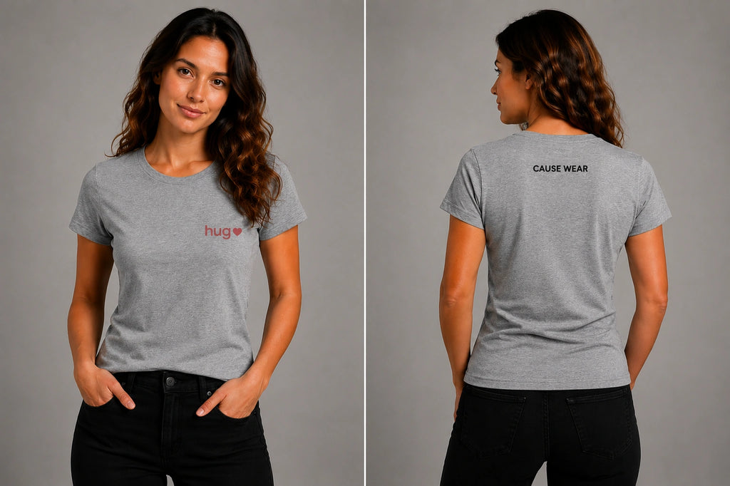 Gray crewneck T-shirt with small red chest logo