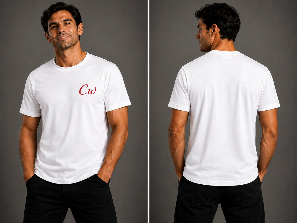 White short-sleeve T-shirt with red CW logo, back view