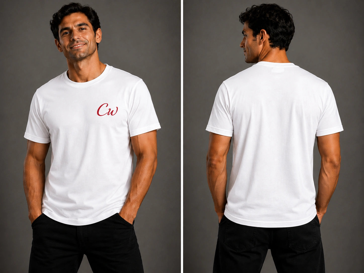 White short-sleeve T-shirt with red CW logo, back view
