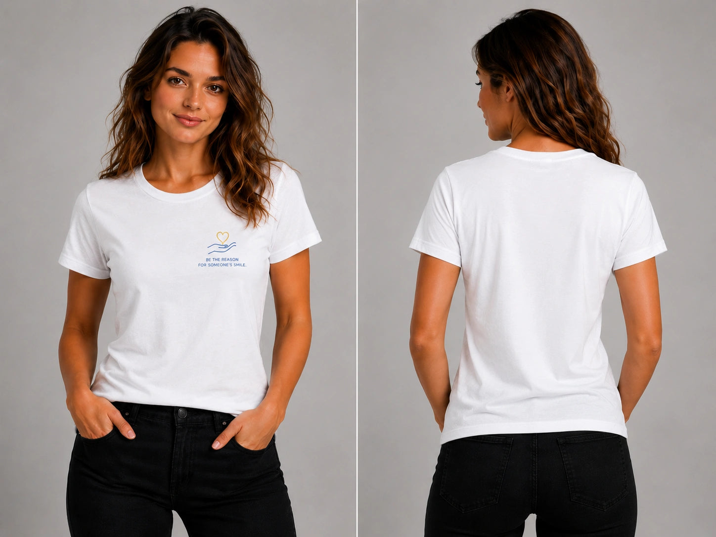 White crew-neck short-sleeve T-shirt set, front and back views