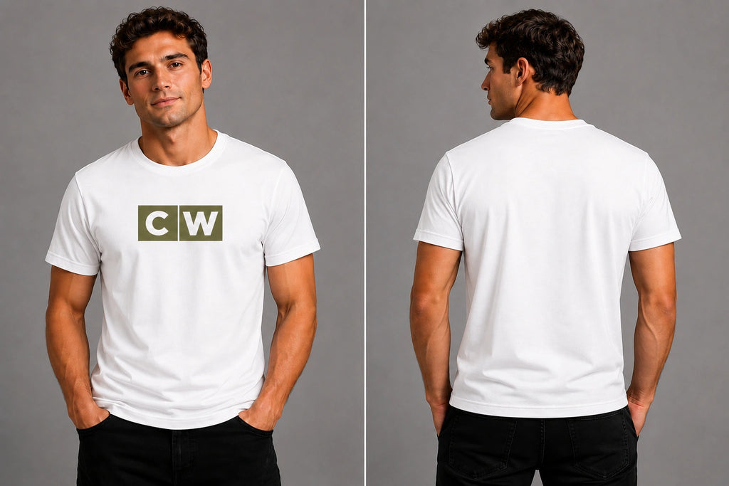 White crewneck T-shirt with square CW logo on chest, short sleeves.