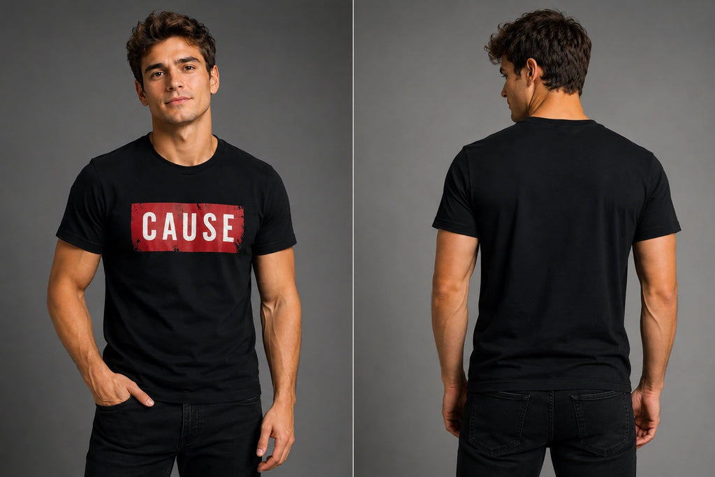 Men's black crew-neck T-shirt with red rectangular logo on front, plain back
