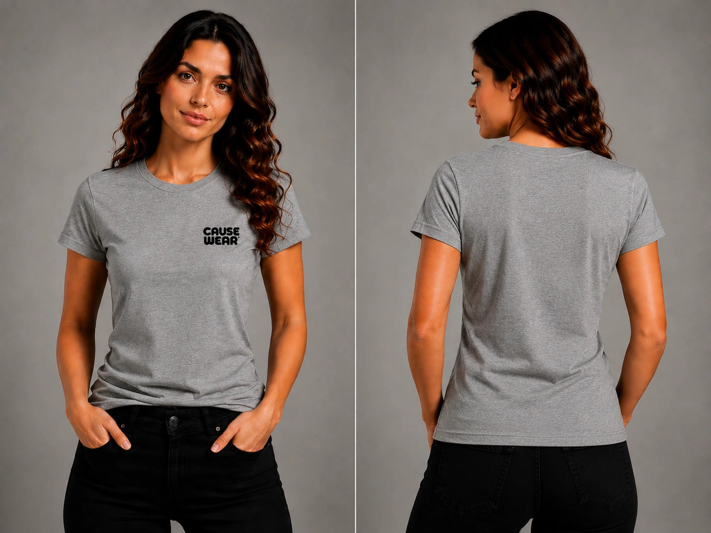 Gray crewneck logo T-shirt, short sleeves; front and back show Cause Wear text