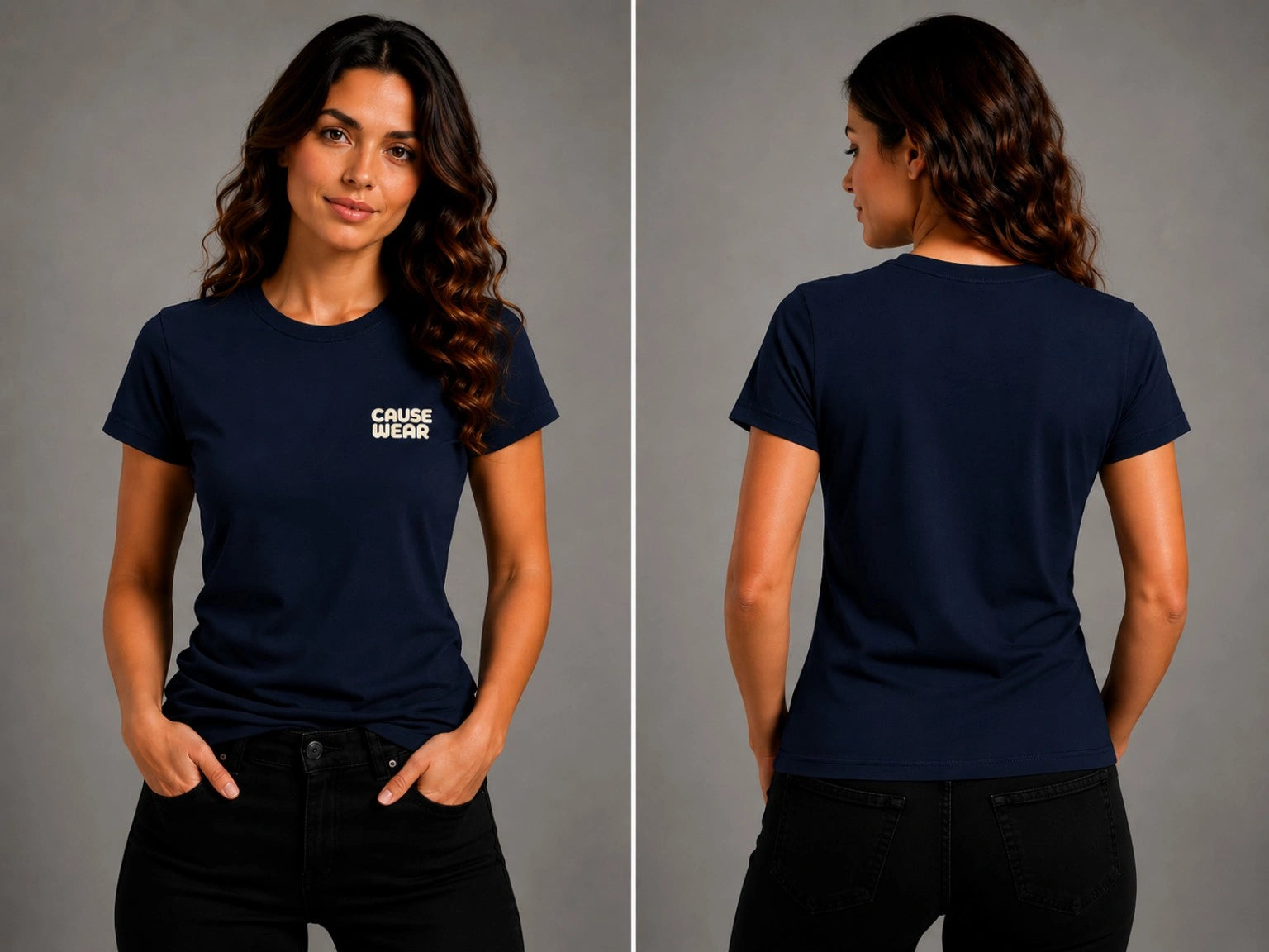 Navy crewneck logo T-shirt, short sleeves; front and back show Cause Wear logo