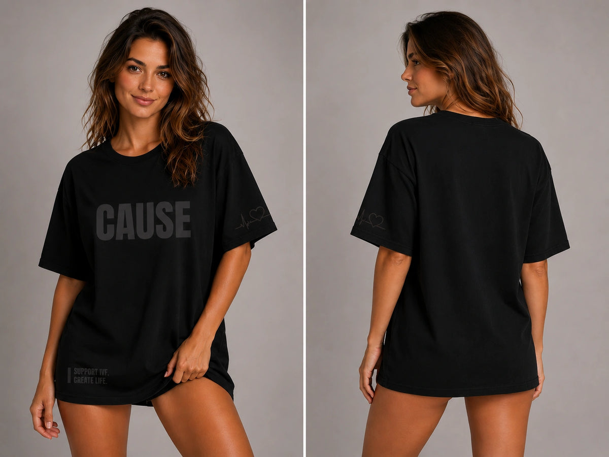 Black oversized T-shirt: CAUSE front print, plain back, crew neck, short sleeves