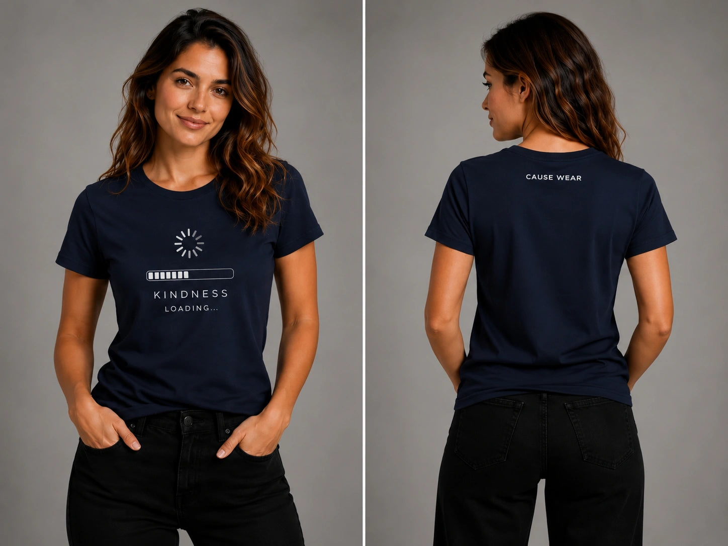Navy crewneck T-shirt with sun icon and 'KINDNESS LOADING...' graphic.
