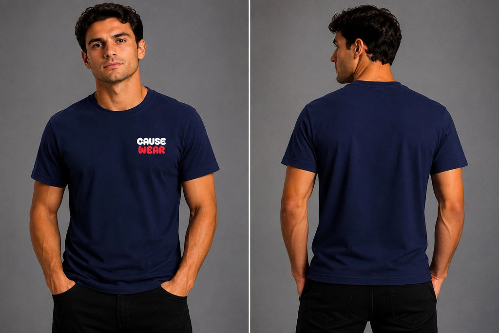 Men's navy t-shirt with short sleeves and small chest logo; plain back