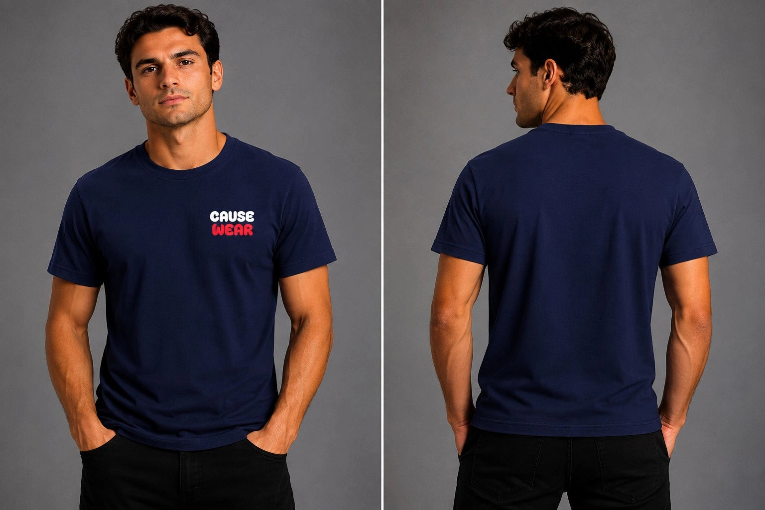 Men's navy t-shirt with short sleeves and small chest logo; plain back